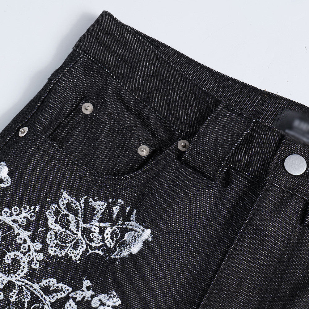 Plant printed denim bell bottoms