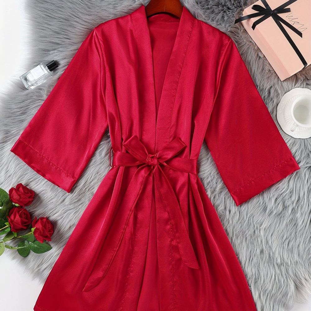 Lightweight Sexy Women's Belted Robe, Simple Open Front Nightwear, Silk-like Bathrobe