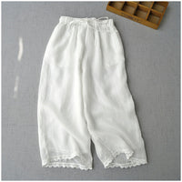 Elastic Waist Cotton Linen Casual Pants for Women High Waist Slimming Loose Seven-Quarter Wide Leg Trousers