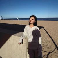 Oversized Casual Round Neck Blue Gray Striped Basic Long Sleeve Shirt for Men and Women