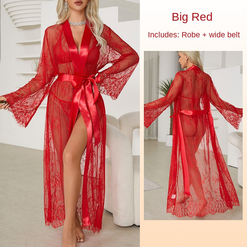 Sexy Lace Trim Robe Transparent Temptation Nightwear Women's