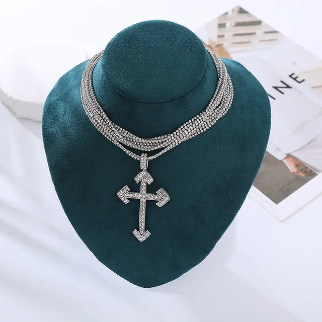 New Gothic Shiny Rhinestone Chain With Cross Pendant Choker Necklace For Women Jewelry Maxi Trendy Statement Necklace