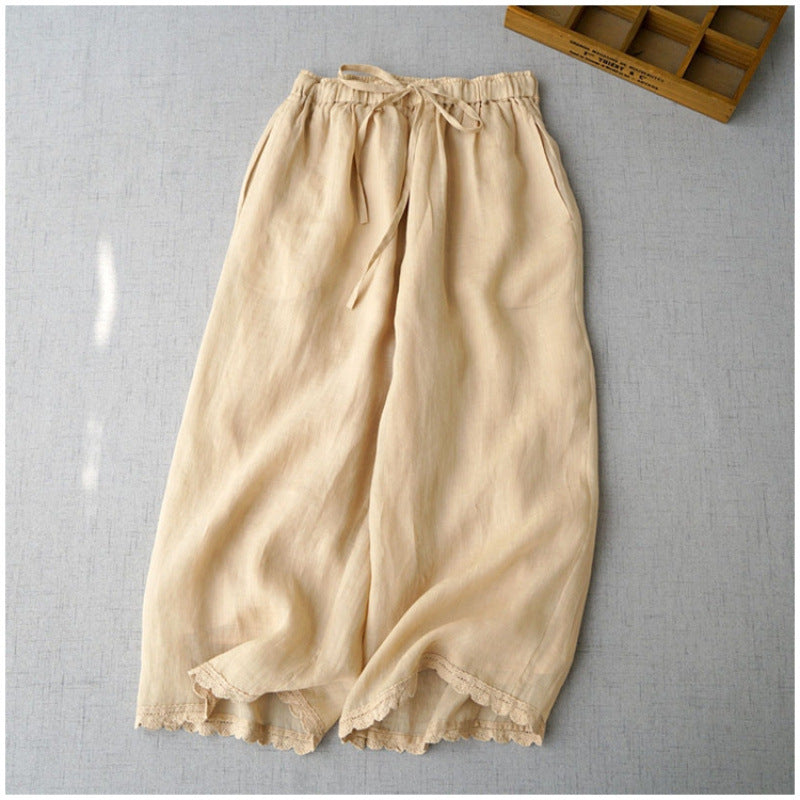 Elastic Waist Cotton Linen Casual Pants for Women High Waist Slimming Loose Seven-Quarter Wide Leg Trousers