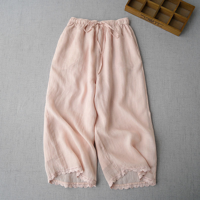 Elastic Waist Cotton Linen Casual Pants for Women High Waist Slimming Loose Seven-Quarter Wide Leg Trousers