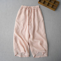 Elastic Waist Cotton Linen Casual Pants for Women High Waist Slimming Loose Seven-Quarter Wide Leg Trousers