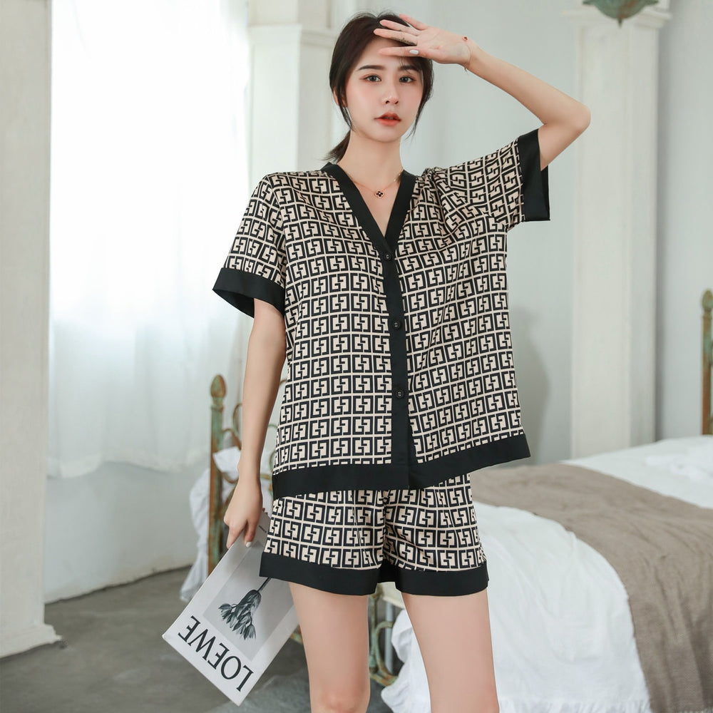 QSROCIO Women's Pajamas Set Luxury Fashion Cross Letters Print Short Sleeve Sleepwear Silk Like Leisure Home Clothes Nightwear
