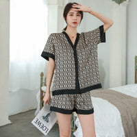 QSROCIO Women's Pajamas Set Luxury Fashion Cross Letters Print Short Sleeve Sleepwear Silk Like Leisure Home Clothes Nightwear