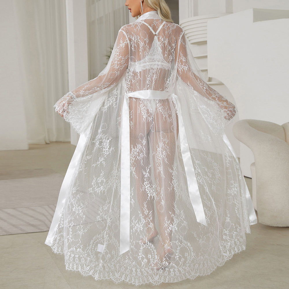 Sexy Lace Trim Robe Transparent Temptation Nightwear Women's
