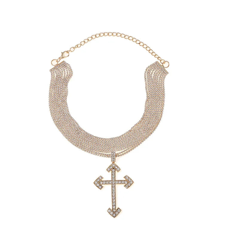 New Gothic Shiny Rhinestone Chain With Cross Pendant Choker Necklace For Women Jewelry Maxi Trendy Statement Necklace