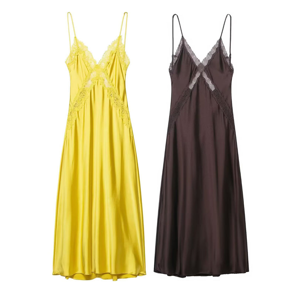 Lace satin texture MIDI dress