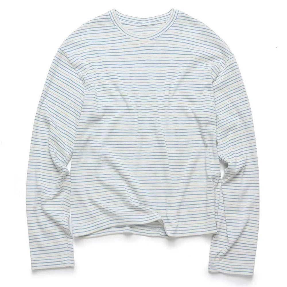 Oversized Casual Round Neck Blue Gray Striped Basic Long Sleeve Shirt for Men and Women