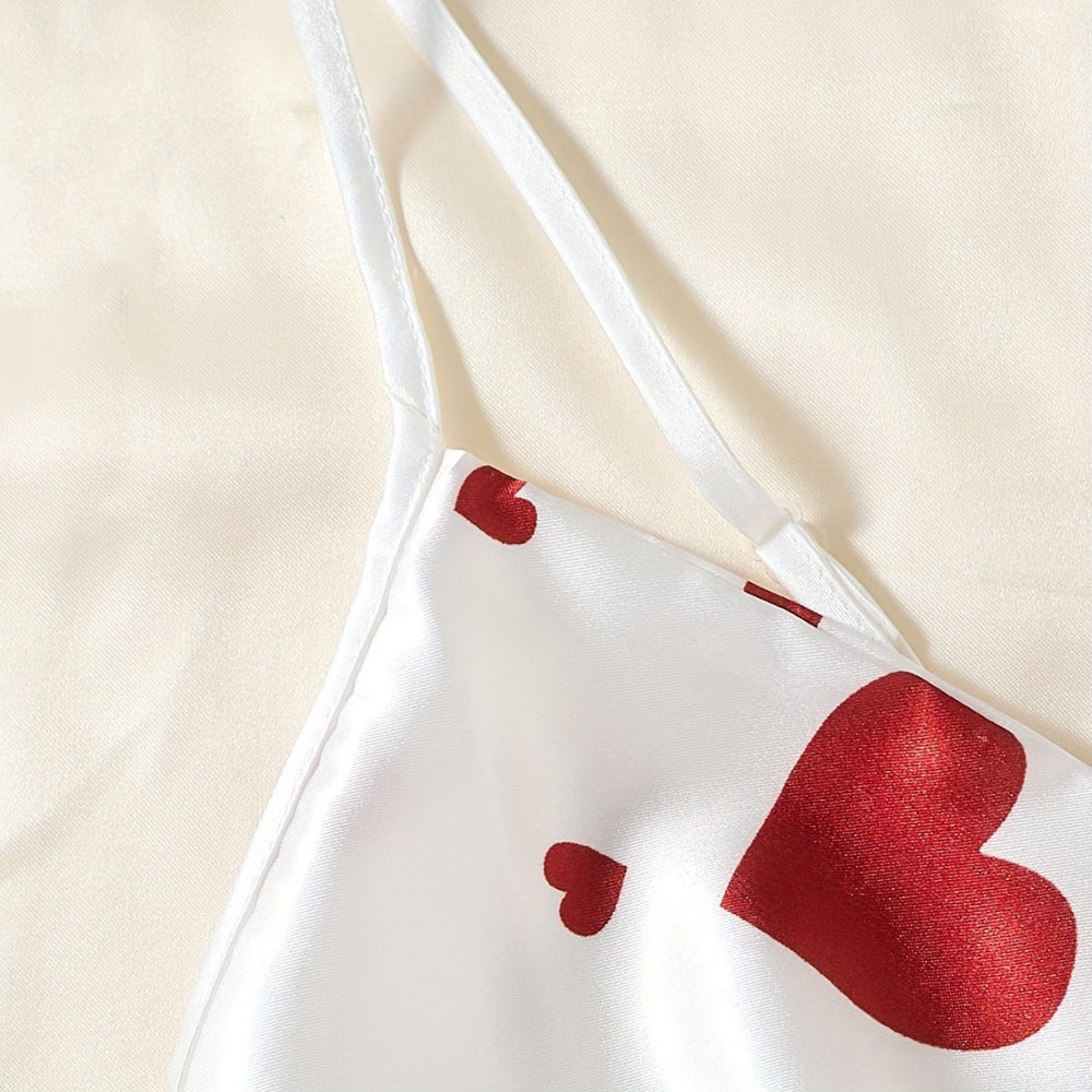 Cute Sleep Dress for Women, Sleeveless Strap Dress, Sexy Silk Nightwear with Heart Print, Summer Style
