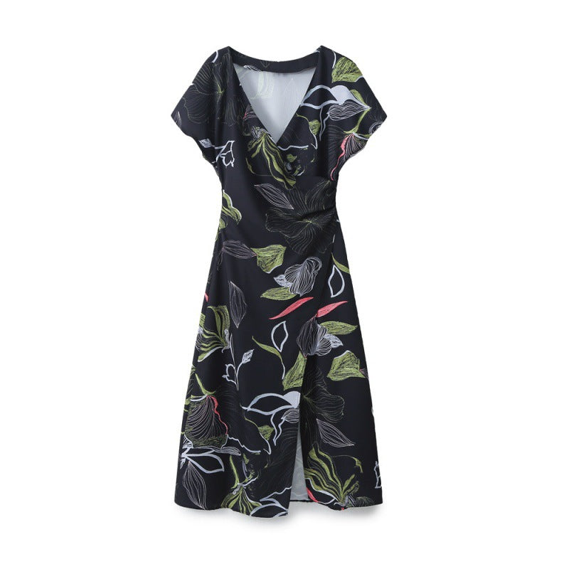 Elegant Style Satin Texture Printed Midi Dress