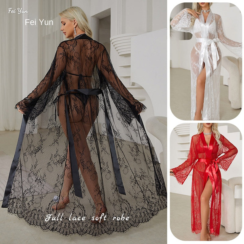 Sexy Lace Trim Robe Transparent Temptation Nightwear Women's