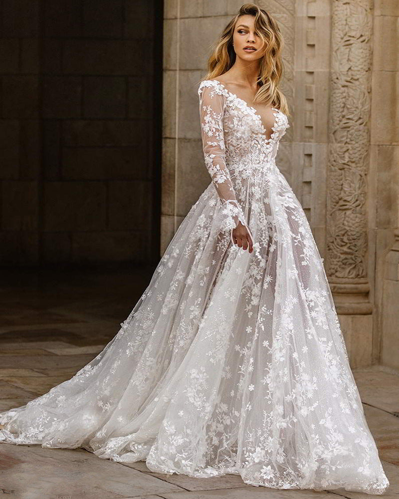 Elegant Lace Long Sleeve Evening Dress for Women, Sexy Formal Gown Wedding Dress, Party Dress