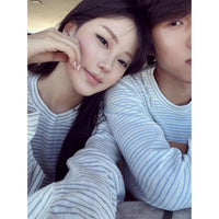 Oversized Casual Round Neck Blue Gray Striped Basic Long Sleeve Shirt for Men and Women