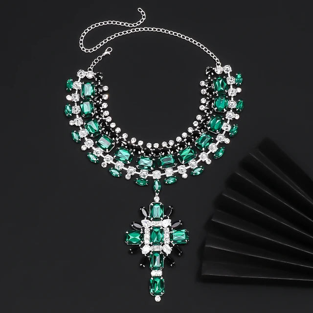 Green Corss Pendant Choker Bridal Collar Charms Party Accessories Statement Necklace Rhinestone Jewelry Pendant Wholesale Gift