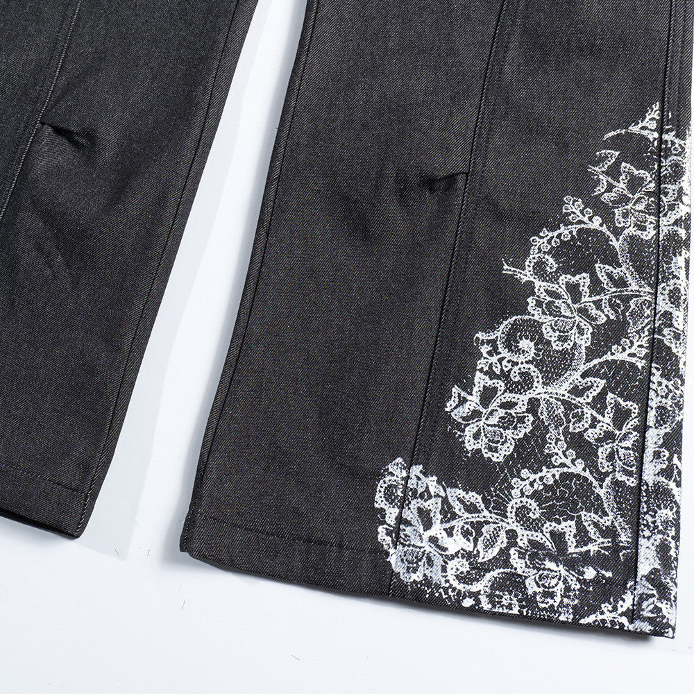 Plant printed denim bell bottoms