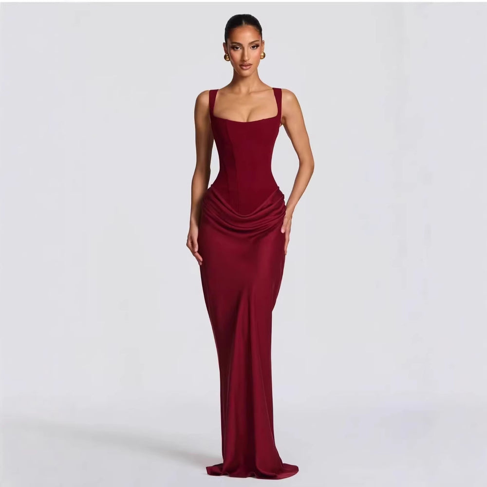 Boned Strapless Satin Gown Dress for Women, Fitted Slim Silhouette, Elegant Drape, High-End Evening Long Dress
