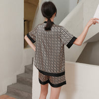 QSROCIO Women's Pajamas Set Luxury Fashion Cross Letters Print Short Sleeve Sleepwear Silk Like Leisure Home Clothes Nightwear