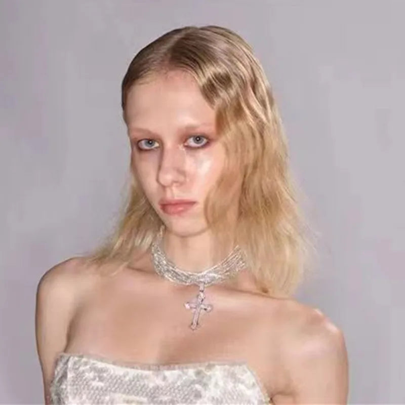New Gothic Shiny Rhinestone Chain With Cross Pendant Choker Necklace For Women Jewelry Maxi Trendy Statement Necklace