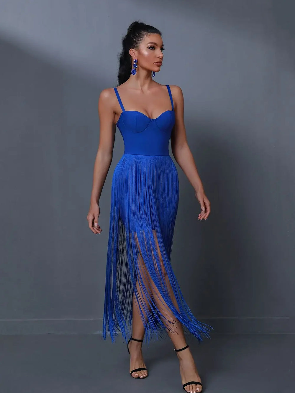 Fringed Long Bandage Dress Women Evening Party Dress Elegant Blue Sexy Birthday Club Outfits Summer