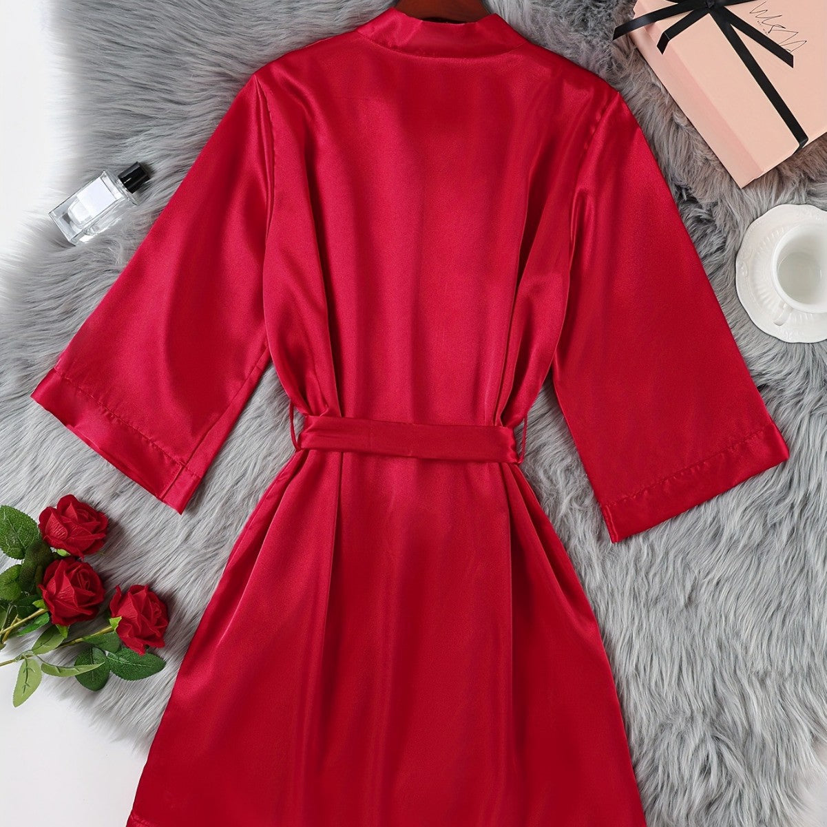 Lightweight Sexy Women's Belted Robe, Simple Open Front Nightwear, Silk-like Bathrobe
