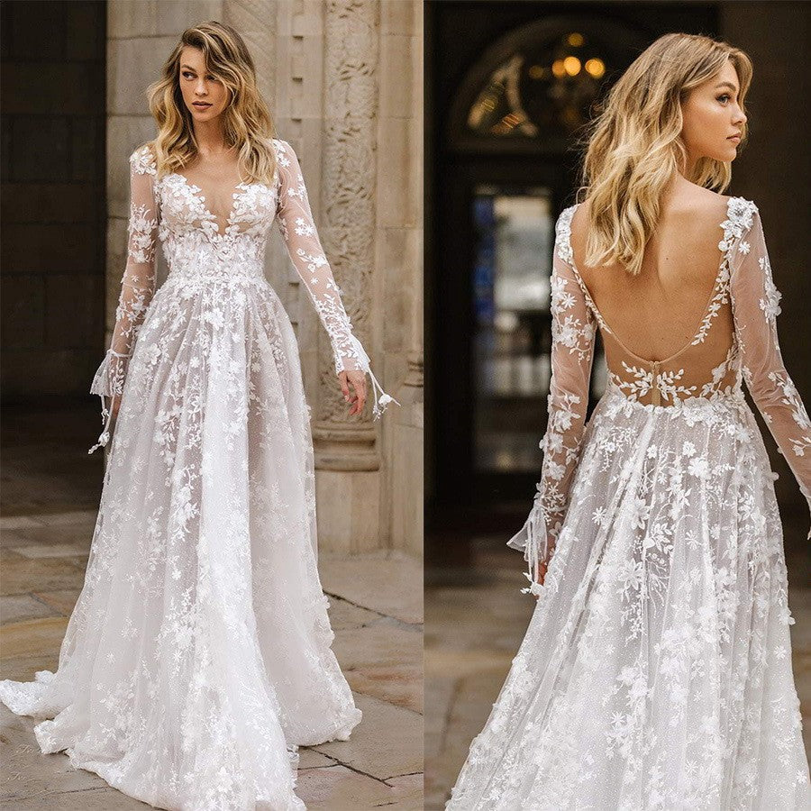 Elegant Lace Long Sleeve Evening Dress for Women, Sexy Formal Gown Wedding Dress, Party Dress