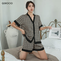 QSROCIO Women's Pajamas Set Luxury Fashion Cross Letters Print Short Sleeve Sleepwear Silk Like Leisure Home Clothes Nightwear