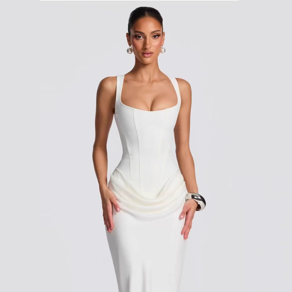 Boned Strapless Satin Gown Dress for Women, Fitted Slim Silhouette, Elegant Drape, High-End Evening Long Dress