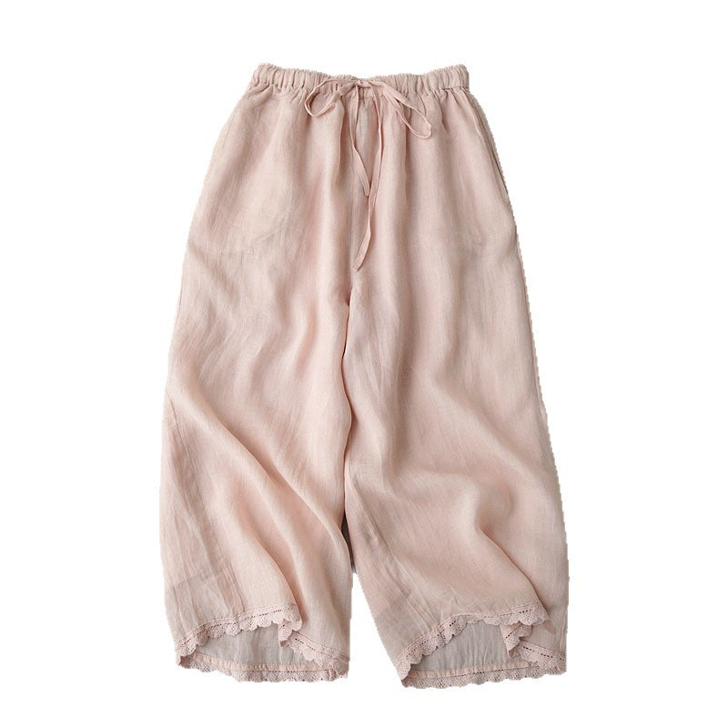 Elastic Waist Cotton Linen Casual Pants for Women High Waist Slimming Loose Seven-Quarter Wide Leg Trousers