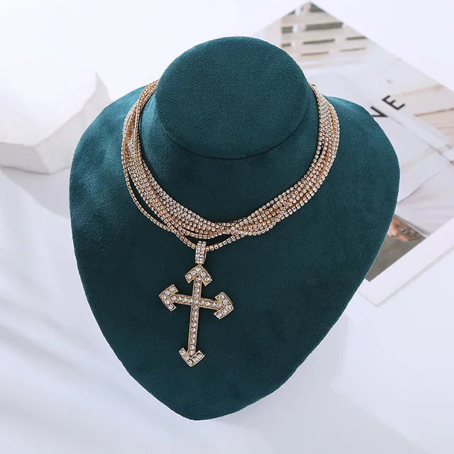 New Gothic Shiny Rhinestone Chain With Cross Pendant Choker Necklace For Women Jewelry Maxi Trendy Statement Necklace