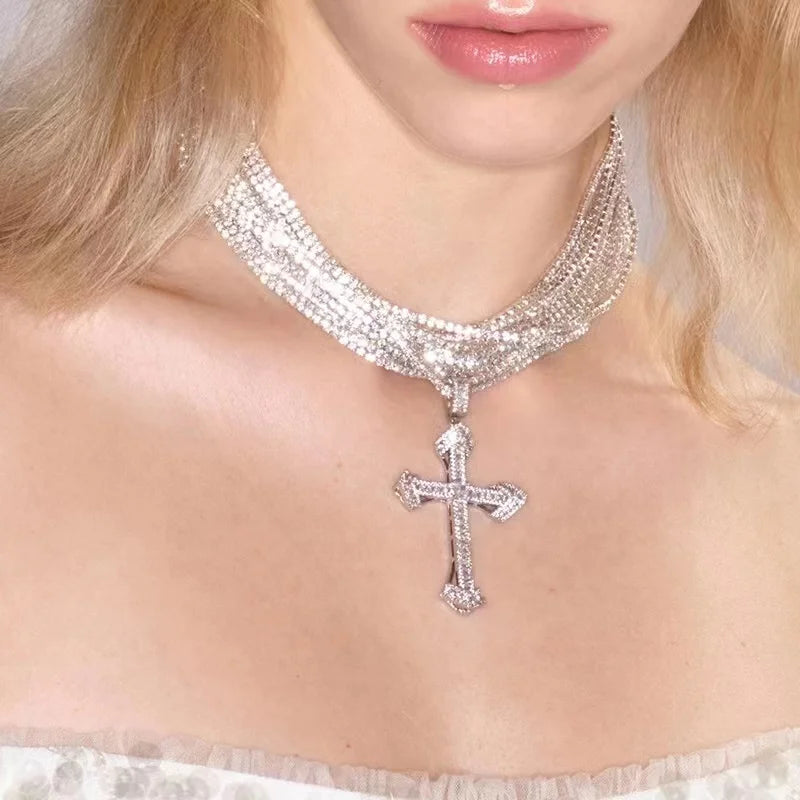 New Gothic Shiny Rhinestone Chain With Cross Pendant Choker Necklace For Women Jewelry Maxi Trendy Statement Necklace