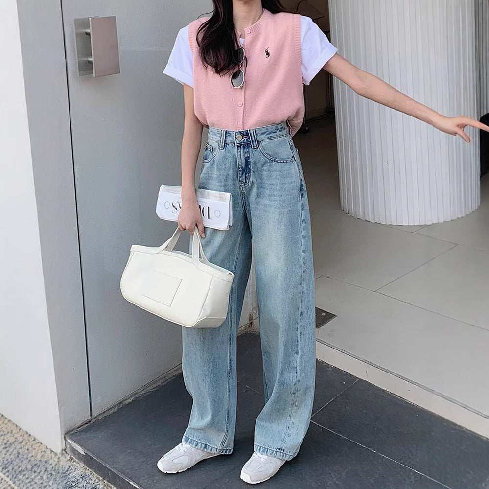 Light Blue Flare Jeans for Women High Waist Slim Fit Trousers