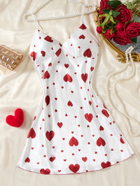 Cute Sleep Dress for Women, Sleeveless Strap Dress, Sexy Silk Nightwear with Heart Print, Summer Style