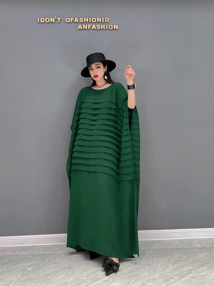 Spring New Fashion Striped Batwing Sleeve Shirt Loose Oversized O Neck Dress for Women