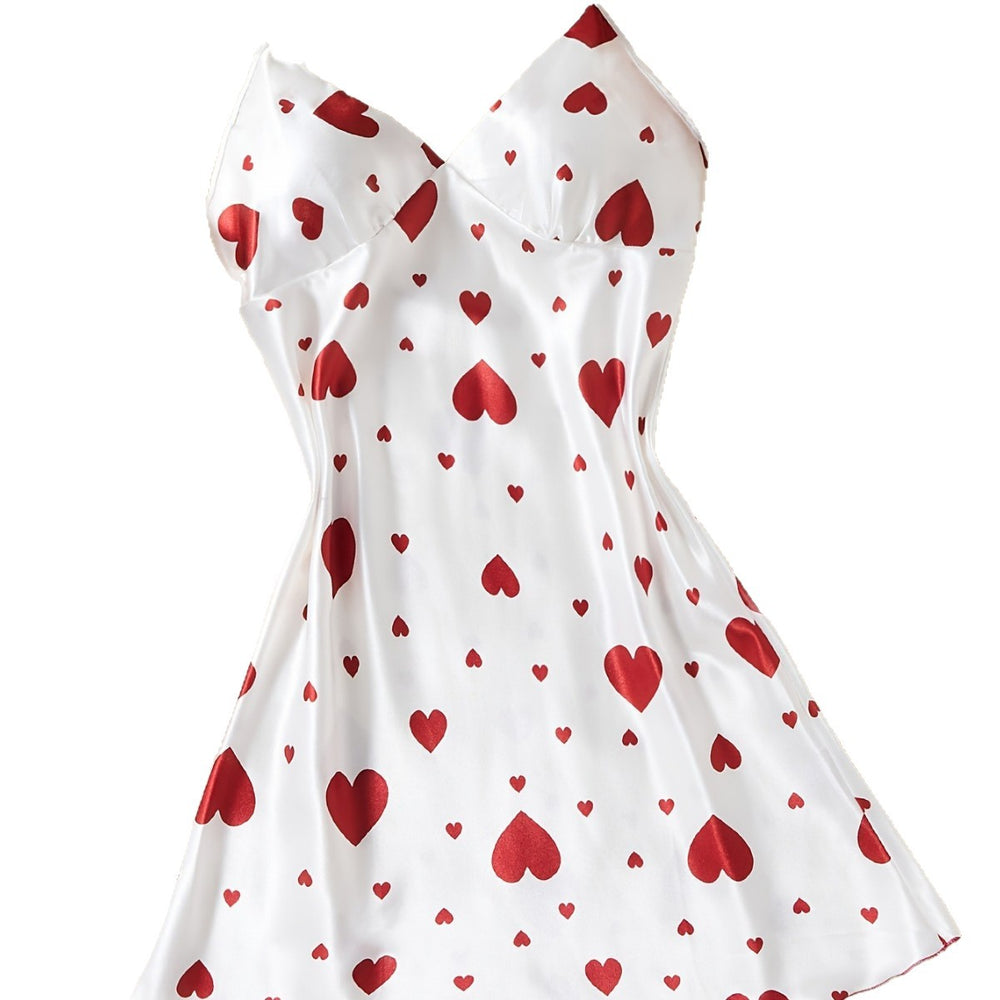 Cute Sleep Dress for Women, Sleeveless Strap Dress, Sexy Silk Nightwear with Heart Print, Summer Style