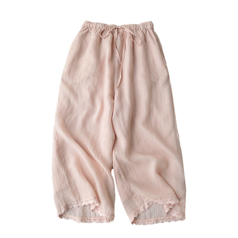 Elastic Waist Cotton Linen Casual Pants for Women High Waist Slimming Loose Seven-Quarter Wide Leg Trousers